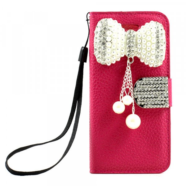 Wholesale iPhone 5 5S Crystal Flip Leather Wallet Case with Stand Strap (RibbonBow Pink)